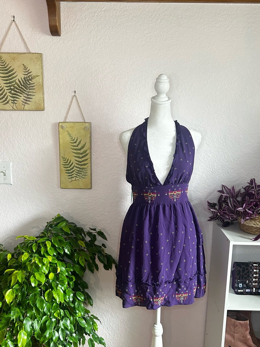 Marciano Purple Silk embroidery halter Mini Dress